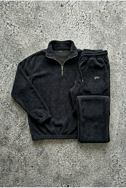 seventh Unisex Black Fleece Tracksuit Set Half Oversized Fleece Piece Texture