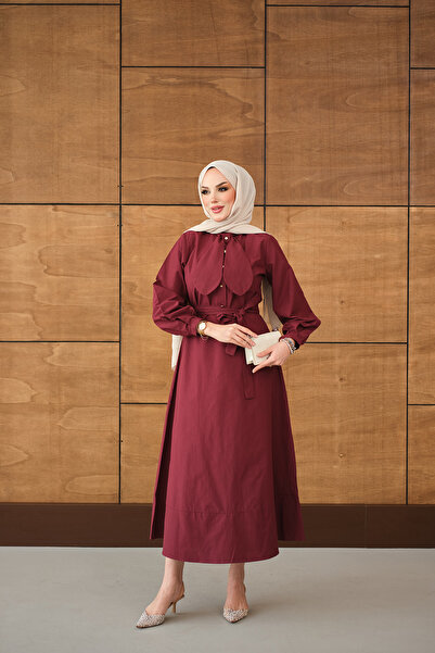 LOCCO فستان نسائي بحزام خصر باللون العنابي