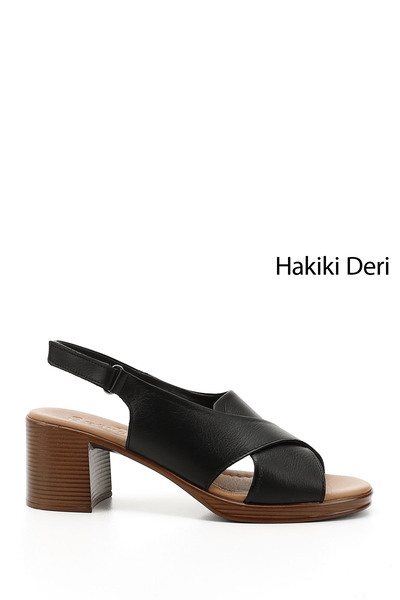 GÖNDERİ(R) Women / Girls Black Velcro Strap Thick Heeled Genuine Leather Sandals