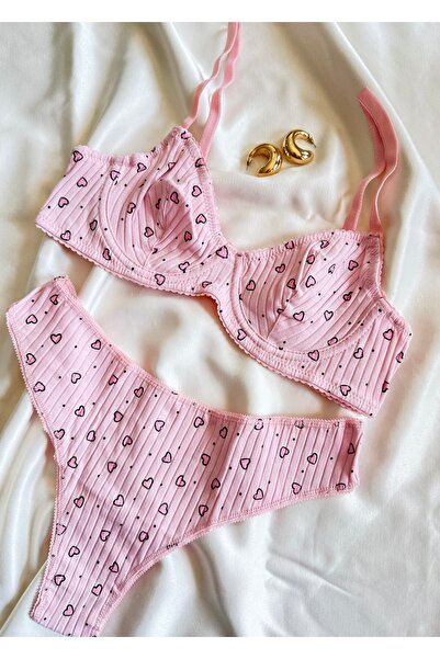 İNKO İÇ GİYİM Pink Heart Patterned Wired Cotton in Ribbed Knit Bra Set (Bra T...