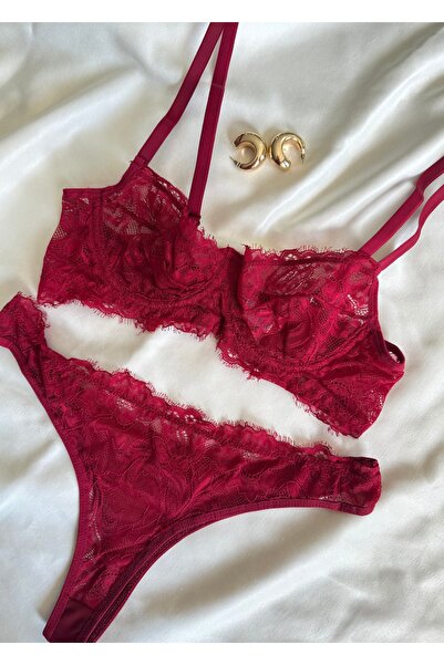 İNKO İÇ GİYİM Burgundy Čipka Sa žicom Bez korpica Set grudnjaka i tangi