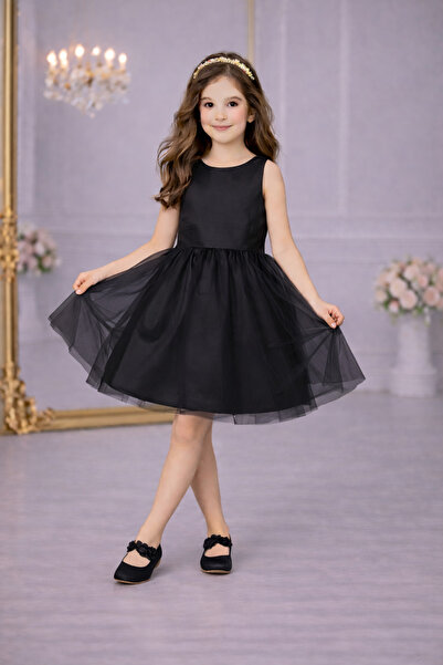 nsmkidslife Kız Çocuk Siyah Sade Şık Saten Mezuniyet Doğum Günü Elbise Çiçek ...