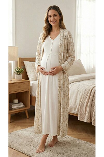 Lohussa Kadın Ekru Desenli Tam Boy Düğmeli Kısa Kol Özel Tasarım Lohusa Hamil...