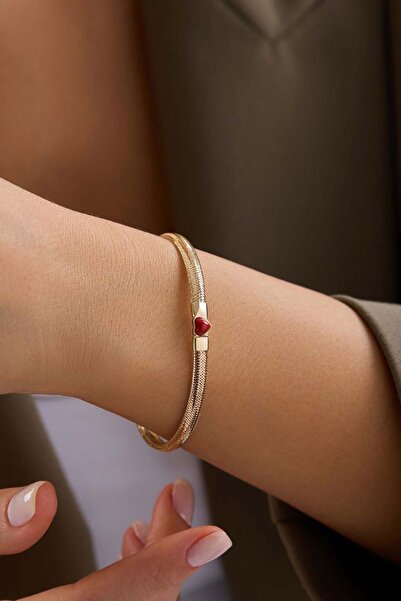 Bayar Gold 14 Ayar Altın Kırmızı Kalp İtalyan Esnek Bileklik