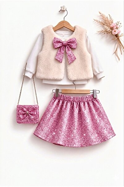 ELLO BABY Kız Çocuk 4’lü Alt - Üst Takım Şık Kombin Seti (Etek – Yelek – Bluz...