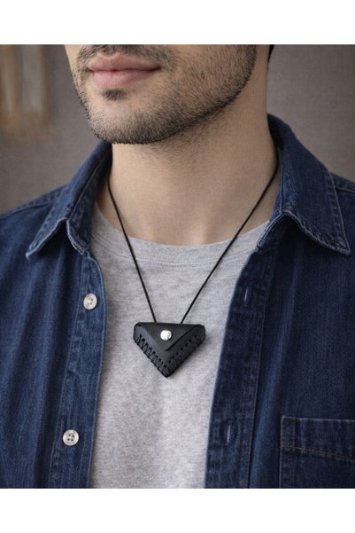 SUFİ TESBİH VE ESANS Handmade Genuine Leather Cevşen Pendant - Black Triangle Snap-On Prayer Container - Protective Armor