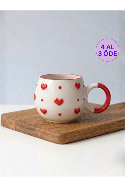 KYA CERA Kırmızı Kalp Kabartmalı Tekli El Yapımı Kupa
