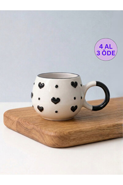 KYA CERA Siyah Kalp Kabartmalı Tekli El Yapımı Kupa