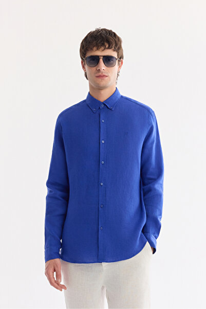 Avva Erkek Saks Düğmeli Yaka %100 Keten Comfort Fit Gömlek B002191