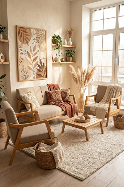 Zem Favela Bohem Çay Seti Natürel Ahşap,sütlü Kahve(1ADET IKİLİ BERJER 2ADET ...