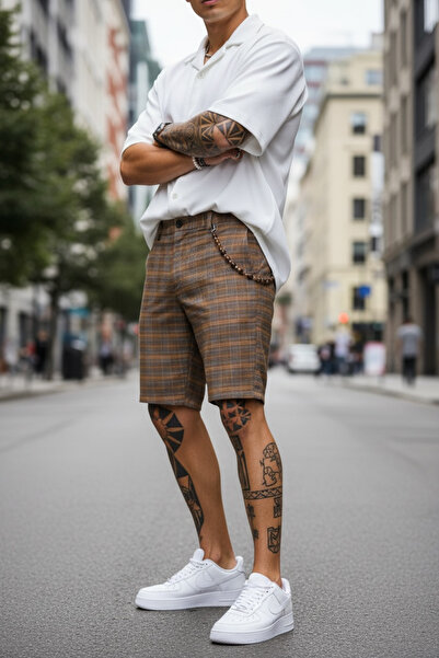 dehaine Pantaloni scurti, pentru barbati, carouri, casual, maro, 13164