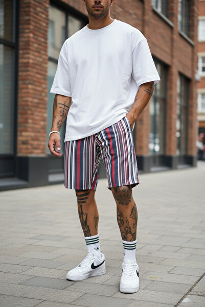 dehaine Pantaloni scurti, pentru barbati, dungi, casual, rosu, 13181