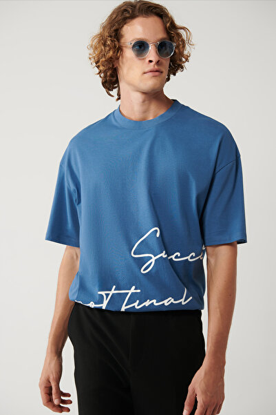 Avva Muška indigo majica od 100% pamuka, s okruglim izrezom i printom, oversi...