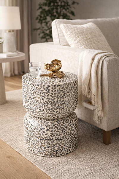 Lisso Lume Gri Sedefli El İşçliği Lüks Modern Yan Sehpa Tabure 35x35 H:40