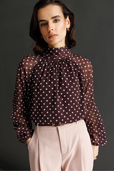 Mixray 4816 Women's Polka Dot Pack Bowknot Blouse Brown