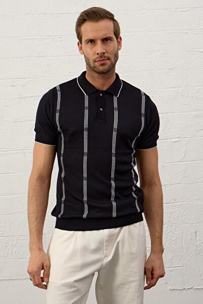 Danger Мъжка тениска с поло яка и тънък крой, тъмно синьо