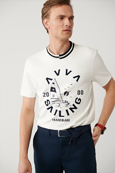 Avva Men's White Soft Touch Crew Neck Printed and Embroidered Regular Fit T-S...