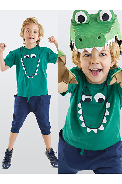 Denokids طقم تي شيرت صيفي بتصميم تمساح مضحك للأولاد وشورت كابري بجيوب