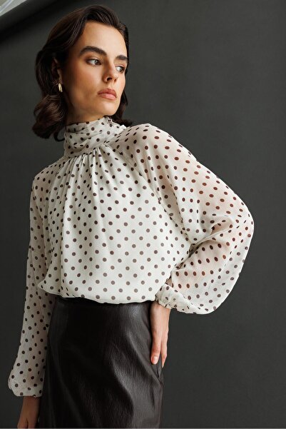 Mixray 4816 Women's Polka Dot Pack Bow Blouse Ecru