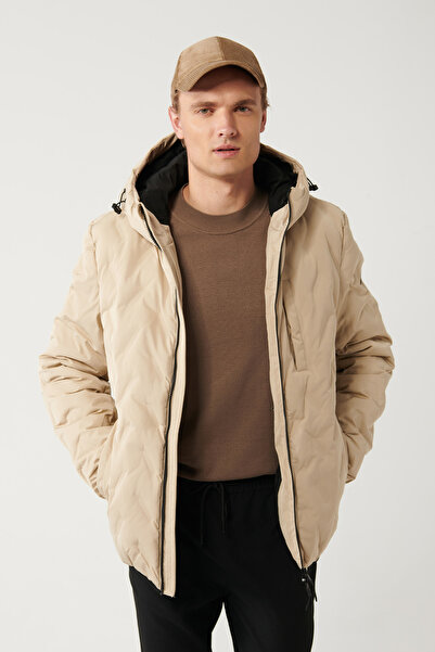 Avva Beige Herren-Pufferjacke mit Kapuze – wasserabweisend, winddicht, mit Ri...