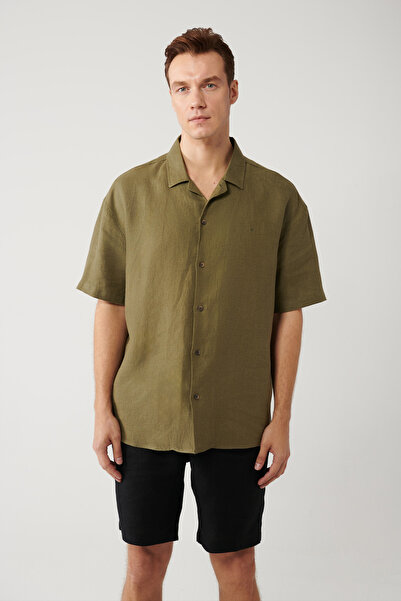 Avva Muška kaki košulja sa apaj ovratnikom 100% Lan kratkih rukava Oversize k...