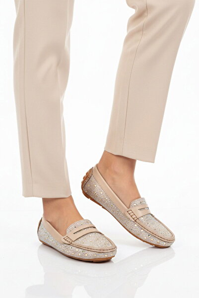 Aspor Beige Stone Embroidered Women's Ballerinas