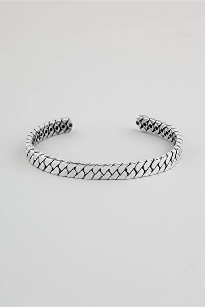 So CHIC... Örgü Detaylı Gümüş Erkek Kelepçe Bileklik