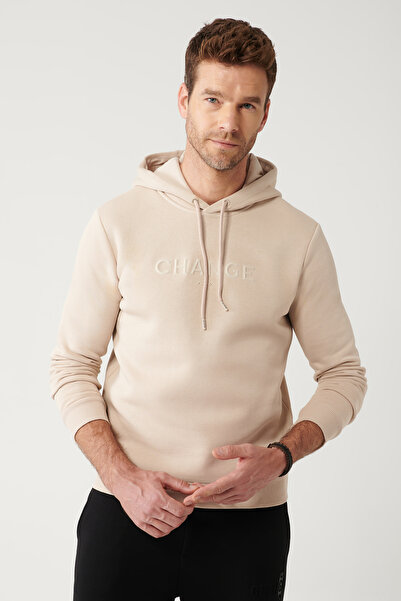Avva Men's Beige Hooded 3 Thread Raised Printed Sweatshirt A32Y1240