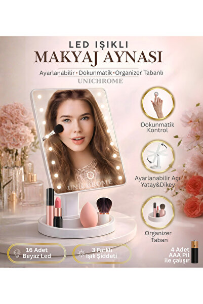 Unichrome Led Işıklı Makyaj Aynası Masa Üstü Dikdörtgen Ayna Dokunmatik Pilli