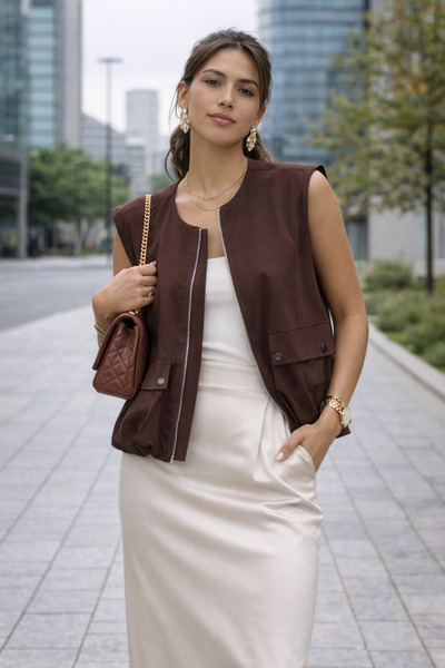 Elegant Kadın Astarlı Cep Detaylı bomber Yelek