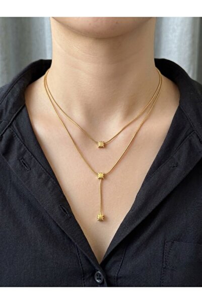 aurora dükkan قلادة ذهبية فولاذية مزدوجة على شكل حرف Y