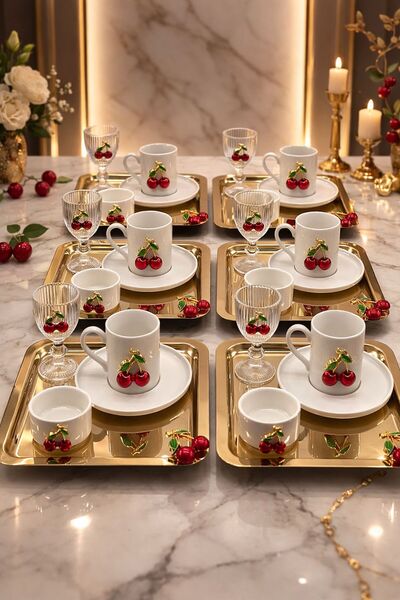 YzHome 6 Kişilik Kiraz PORSELEN Kahve Fincan Takımı Seti Kahve Yanı Bardak Ve...