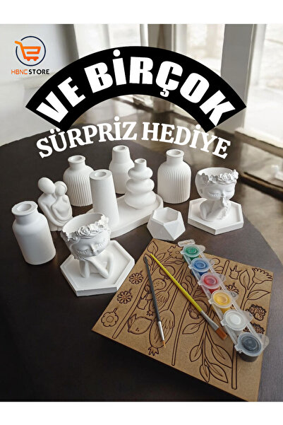 HBNC 13 Parça Dekoratif Biblo, Saksı, Mumluk ve Tabak Seti + Boyanabilir Çiçe...
