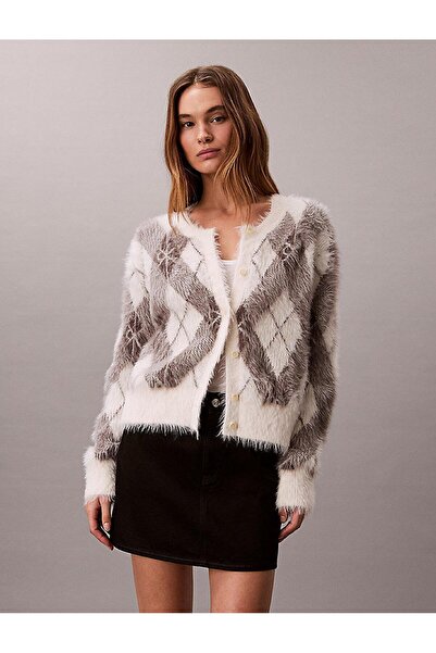 Calvin Klein Jeans Yuvarlak Yaka Standart Baklava Desenli Bej Kadın Kazak FUZ...