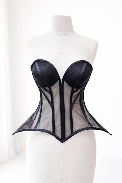 MODA Black Sheer Corset Lace-Up Peplum Model Strapless