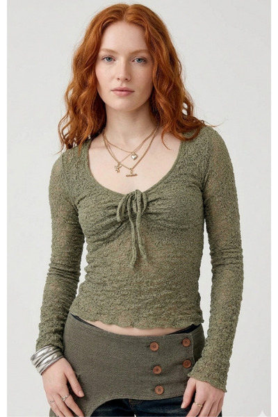 MAXLEVEL MODA BLUZĂ DE DENTELĂ TRANSPARENTĂ CU INTERIOR DE CULOARE KHAKI