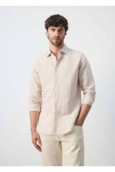 MANGO Man Pamuklu keten slim fit çizgili gömlek