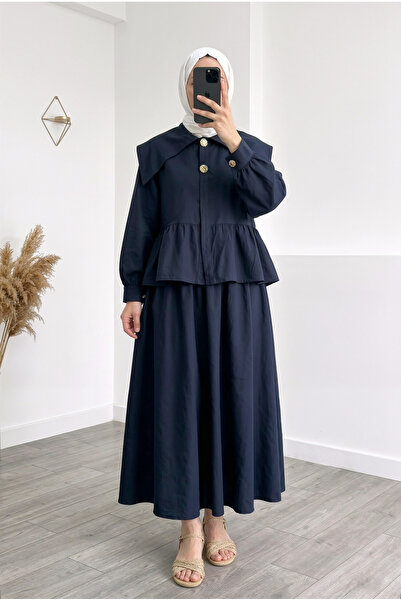 MİHRA STORE Κοστούμι με φούστα με βολάν και μεγάλα κουμπιά Belina - MF565 Ναυ...