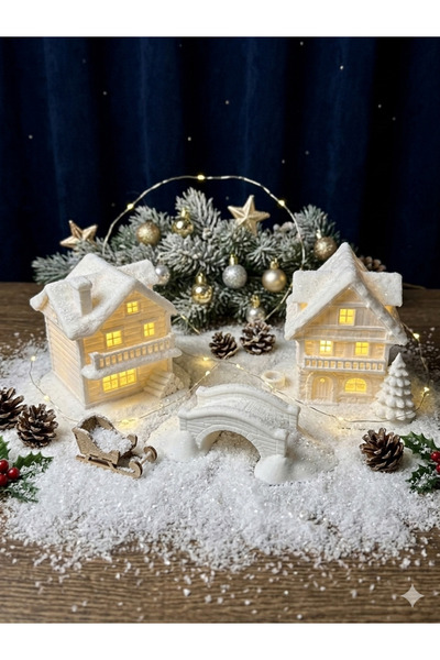 Home Işıklı Kış Evleri ve Köprü Üçlü Set (led mumlar dahil)