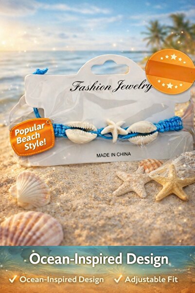OEM Brățară cu Scoici și Steluță de Mare – Reglabilă, Alb/Albastru/Roșu