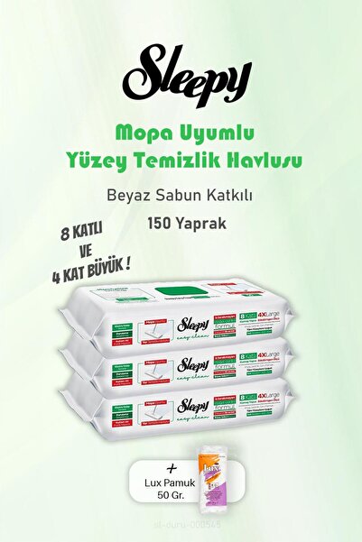 Sleepy Yaprak Beyaz Sabunlu 150 Yer Temizlik Havlusu ve 50 gr Pamuk