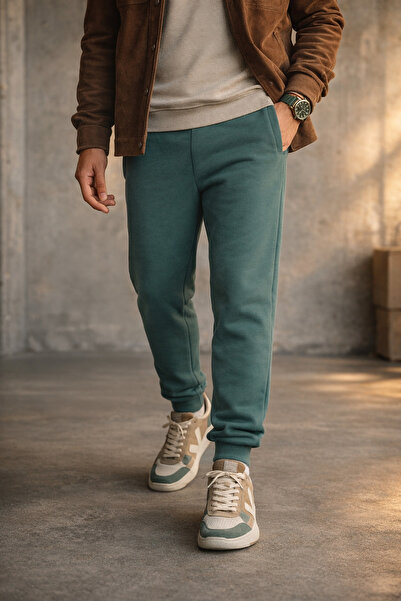 Souris Erkek Petrol Yeşili Rahat Kesim Eşofman Altı 3 iplik Şardonlu Kalın Kumaş