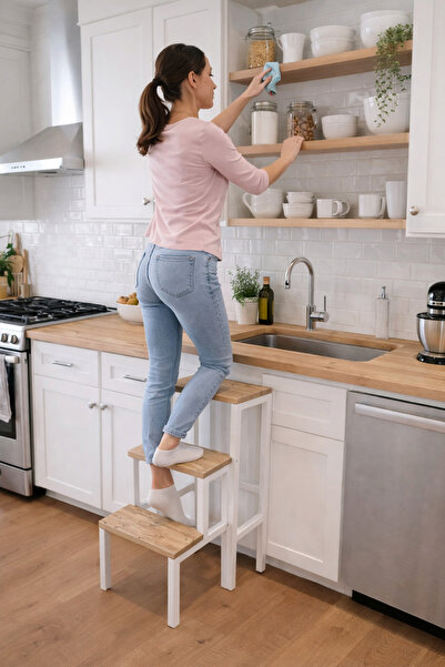 mefehe Beyaz Katlanabillir Ahşap Basamaklı Çok Amaçlı Merdiven