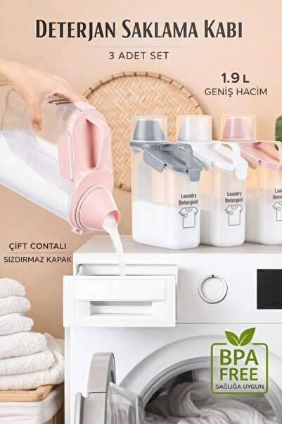 PraticBox 1900 ml 3'lü Ölçekli Toz Deterjan Hava Almaz Çift Contalı Geniş Haz...