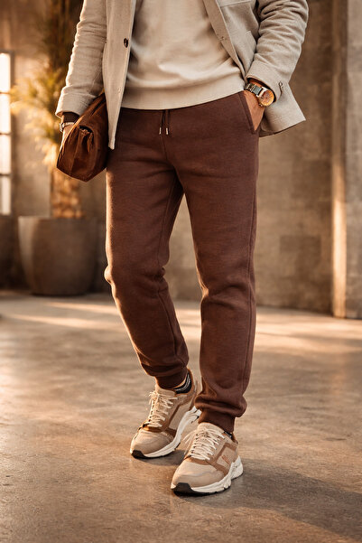 Souris بنطال رياضي رجالي بقصة مريحة باللون البني 3 خيوط مبطن بالصوف قماش سميك