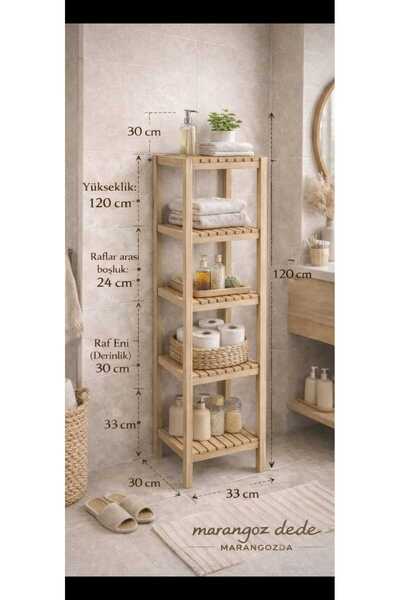 MarangozDede Ahşap Banyo Dolabı 5 Katlı Havluluk, Banyo Rafı, Çok Amaçlı Raf,...