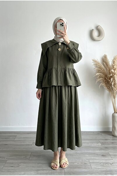 MİHRA STORE Κοστούμι με φούστα με βολάν και μεγάλα κουμπιά Belina - MF565 Χακί