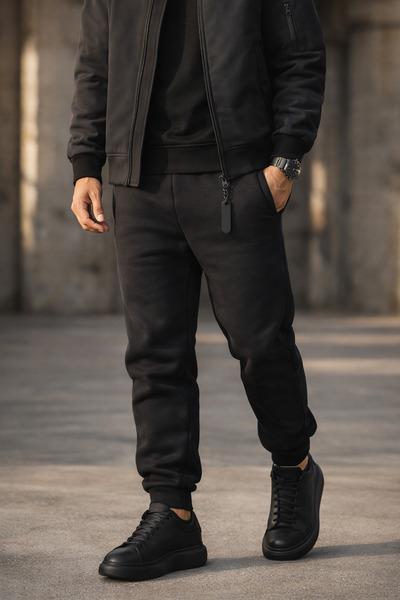 Souris Men's Black Relaxed Fit Sweatpants 3 Thread Fleece-Lined Thick Fabric