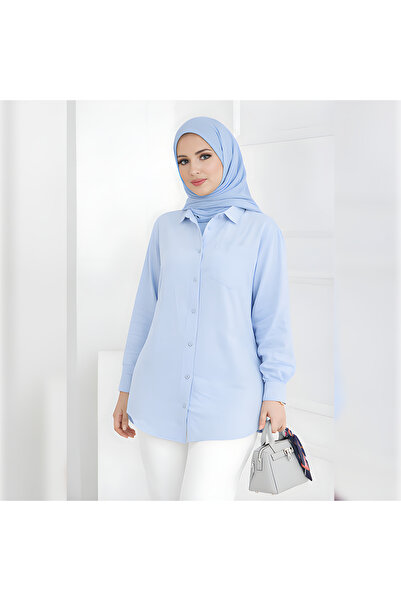 ArdaEge Women's Oversized Pocketed Blue Muslin Shirt 100% Cotton