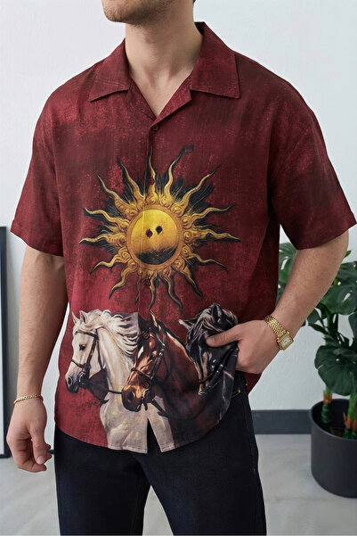 Wonraces Men's Oversize Apaş Collar Printed Short Sleeve Shirt